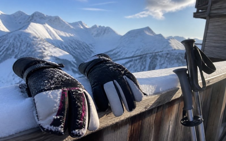 Skihandschuhe auf dem verschneiten Geländer