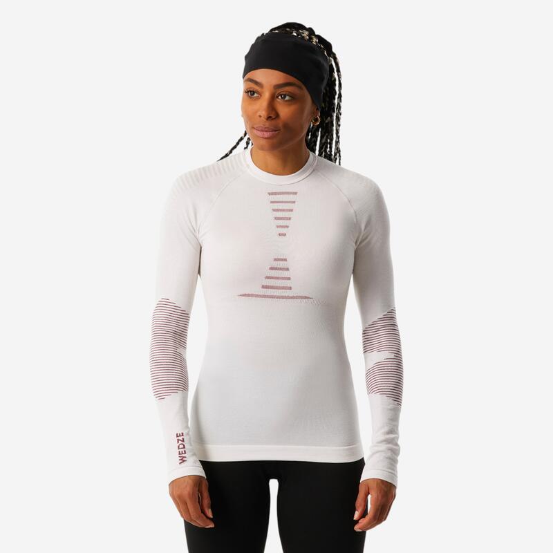 Wedze Skiunterwäsche Funktionsshirt Damen Merinowolle nahtlos BL900 beige/rosa
